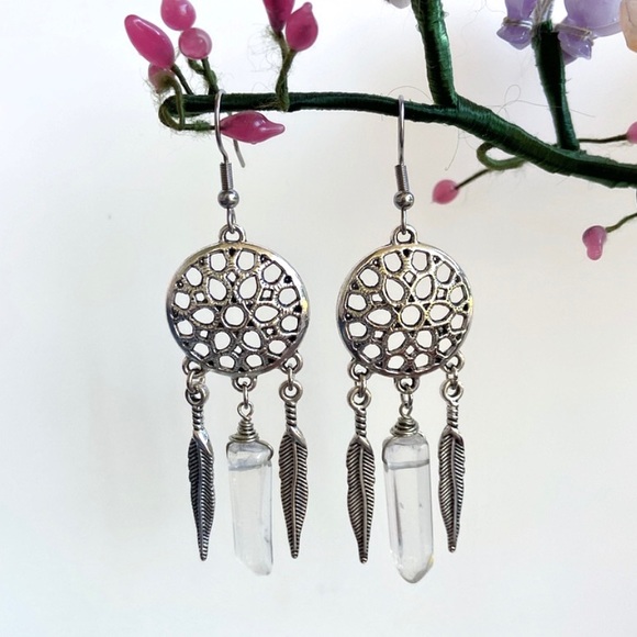 Silverskylight Jewelry - Genuine crystal quartz dream catcher earrings